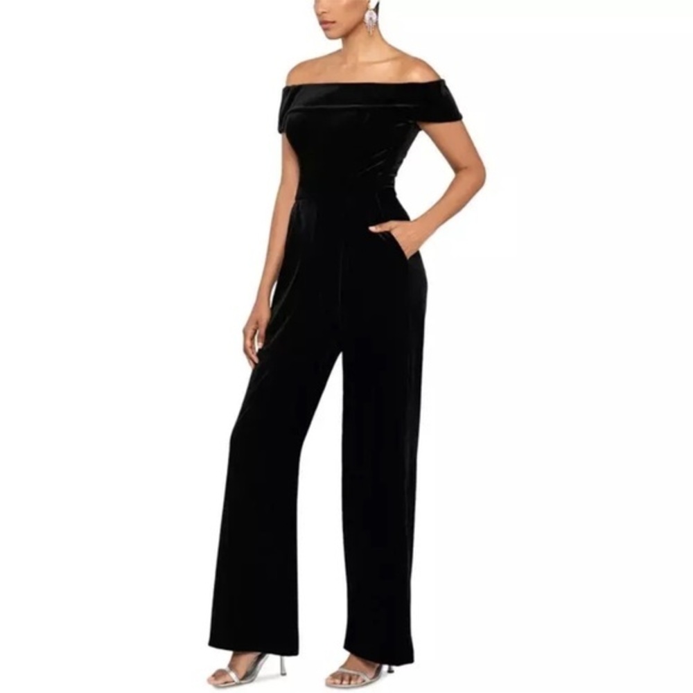 Xscape NWT Elegant Black Velvet Off-The-Shoulder Jumpsuit Sz 6 $219 Pockets!!!